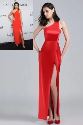 Kendall Jenner shimmering red satin one shoulder slit ankle length celebrity prom dress