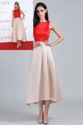Taylor Swift red and champagne satin two tone tea length celebrity graduation dress