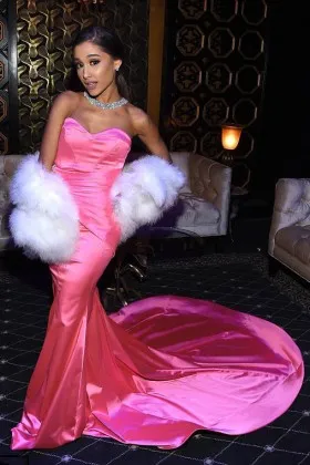 Ariana Grande hot pink satin strapless mermaid prom gown with chapel train