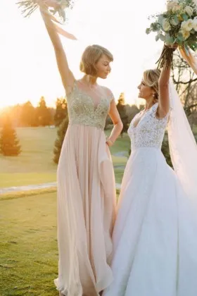 Taylor Swift beaded lace and asymmetrical ruffled pink chiffon bridesmaid dress