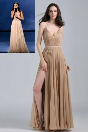 Selena Gomez pleated champagne chiffon thigh high slit open back celebrity prom dress