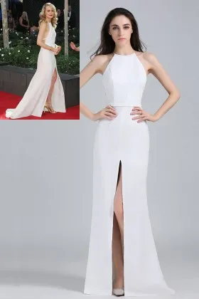 Taylor Schilling white satin spaghetti strap halter fit and flare split celebrity formal dress