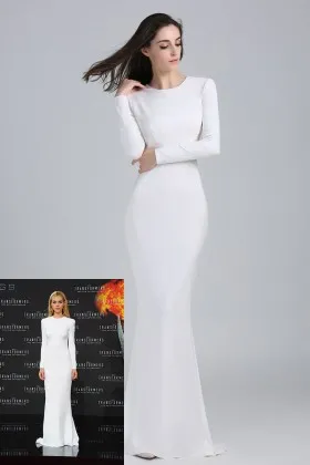 Nicola Peltz elegant white jersey jewel neck long sleeve mermaid celebrity formal dress