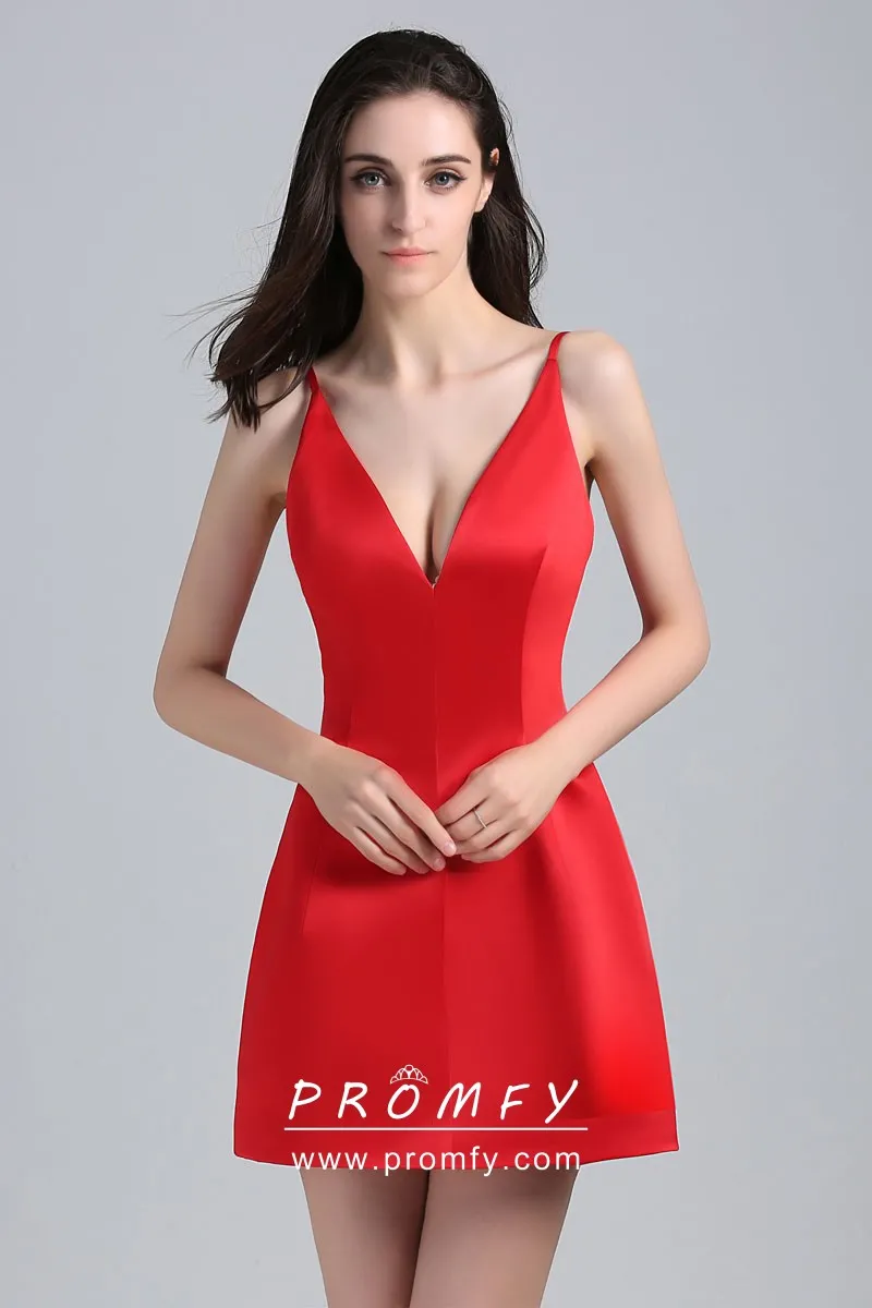 Simple Red Satin Plunging Neckline Short Aline Celebrity Cocktail