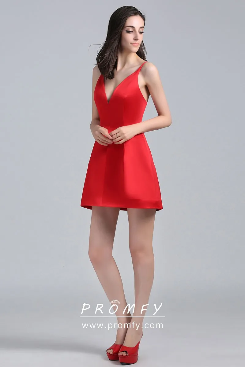 Simple Red Satin Plunging Neck Short Cocktail Dress - Promfy