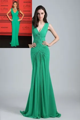Sofia Vergara pleated green chiffon mermaid silhouette celebrity unusual long prom dress
