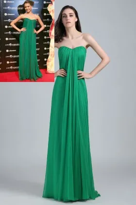 Jessica Alba simple green chiffon strapless column long celebrity graduation prom dress