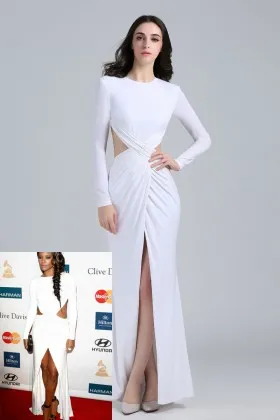 Gabrielle Union sexy white jersey criss cross draped slit long sleeve celebrity prom dress