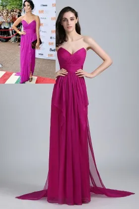 Vanessa Hudgens magenta chiffon strapless V neck column long celebrity prom dress