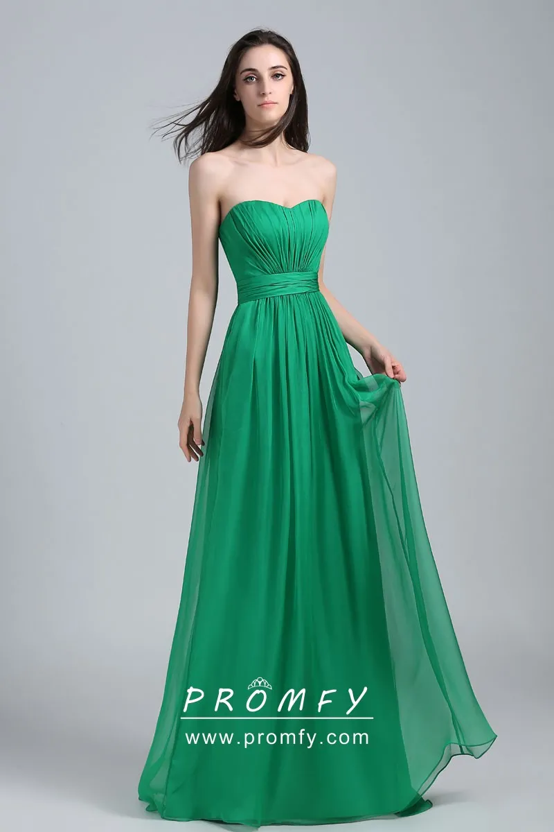 Curved Strapless Empire Waist Green Chiffon Celebrity Aline Long Dress