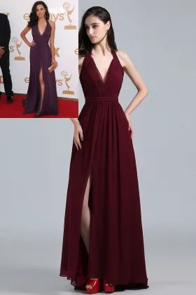 Jurnee Smollett elegant maroon chiffon halter V neck celebrity military ball dress