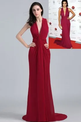 Eva Longoria draped plunging neckline ruby chiffon floor length celebrity formal dress