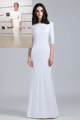 Miley Cyrus jewel neckline half sleeve open back white jersey mermaid celebrity formal dress