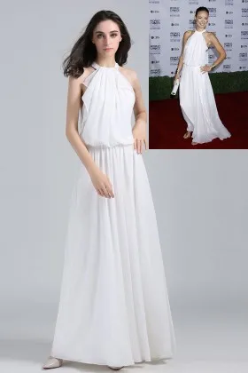 Olivia Wilde white chiffon natural waist halter celebrity A line long prom dress