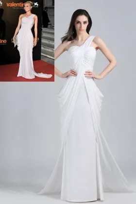 Diane Kruger draped white chiffon single shoulder unique celebrity inspired prom dress