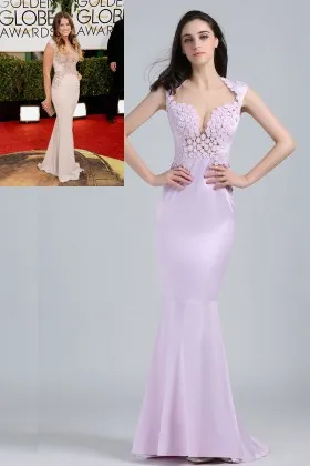 Sosie Bacon unique blossom lilac satin Queen Anne neck trumpet long celebrity prom dress