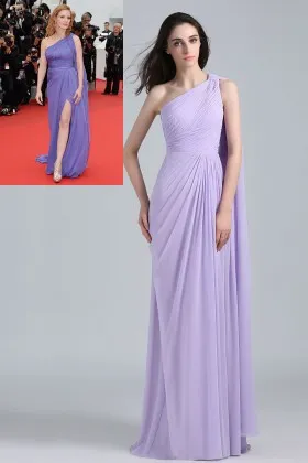 Jessica Chastain Grecian style one shoulder lavender chiffon long celebrity prom dress