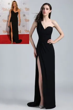 Jennifer Aniston black jersey chic one shoulder thigh high slit celebrity long prom dress