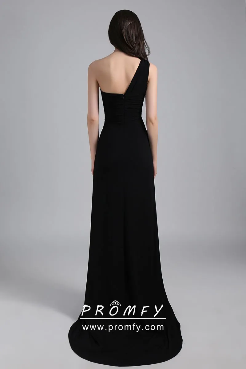 Black Jersey Chic One Shoulder Slit Long Prom Dress - Promfy