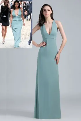 Kim Kardashian sleeveless plunging V neckline empire waist celebrity long evening dress