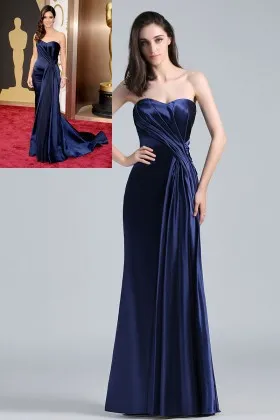 Sandra Bullock unique side draped navy blue strapless celebrity long formal gown