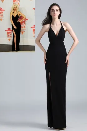 Rita Ora black open back sheath long celebrity halter prom dress with thigh high slit