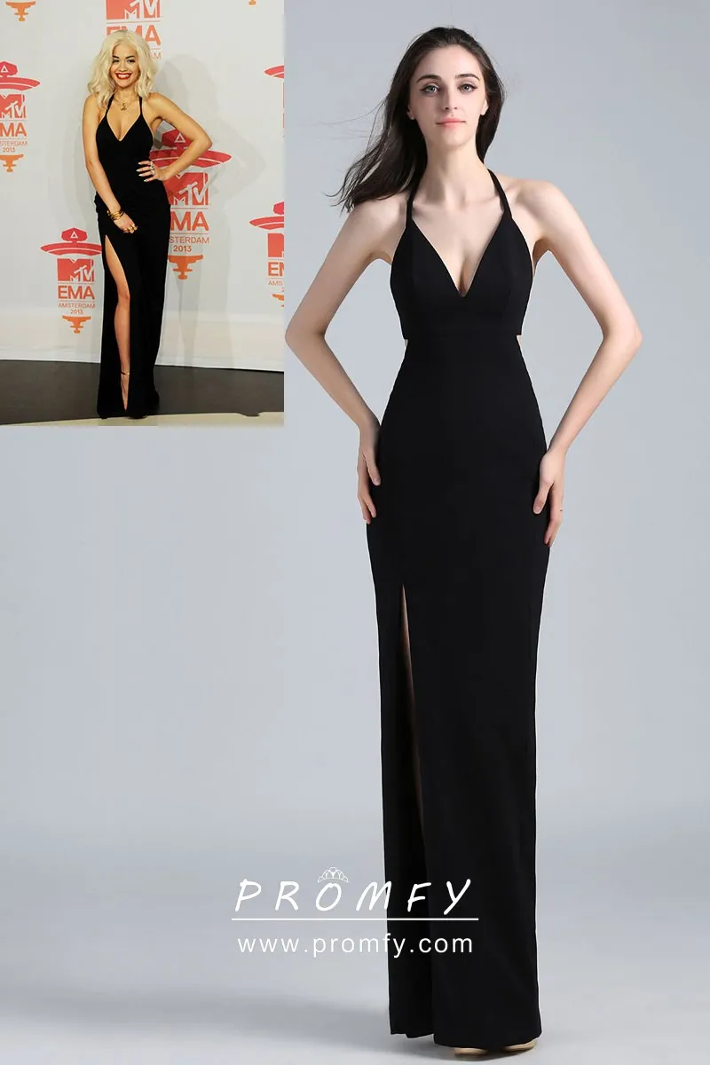 Black Open Back Sheath Halter High-slit Prom Dress - Promfy