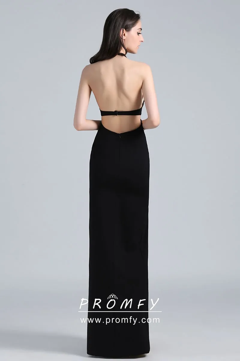 Black Open Back Sheath Halter High-slit Prom Dress - Promfy