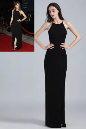 Olivia Wilde simply black halter strap sheath long celebrity inspired formal dress