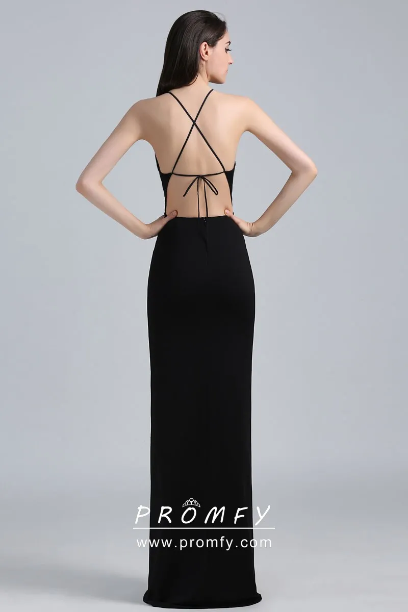 Simply Black Halter Strap Sheath Long Formal Dress - Promfy