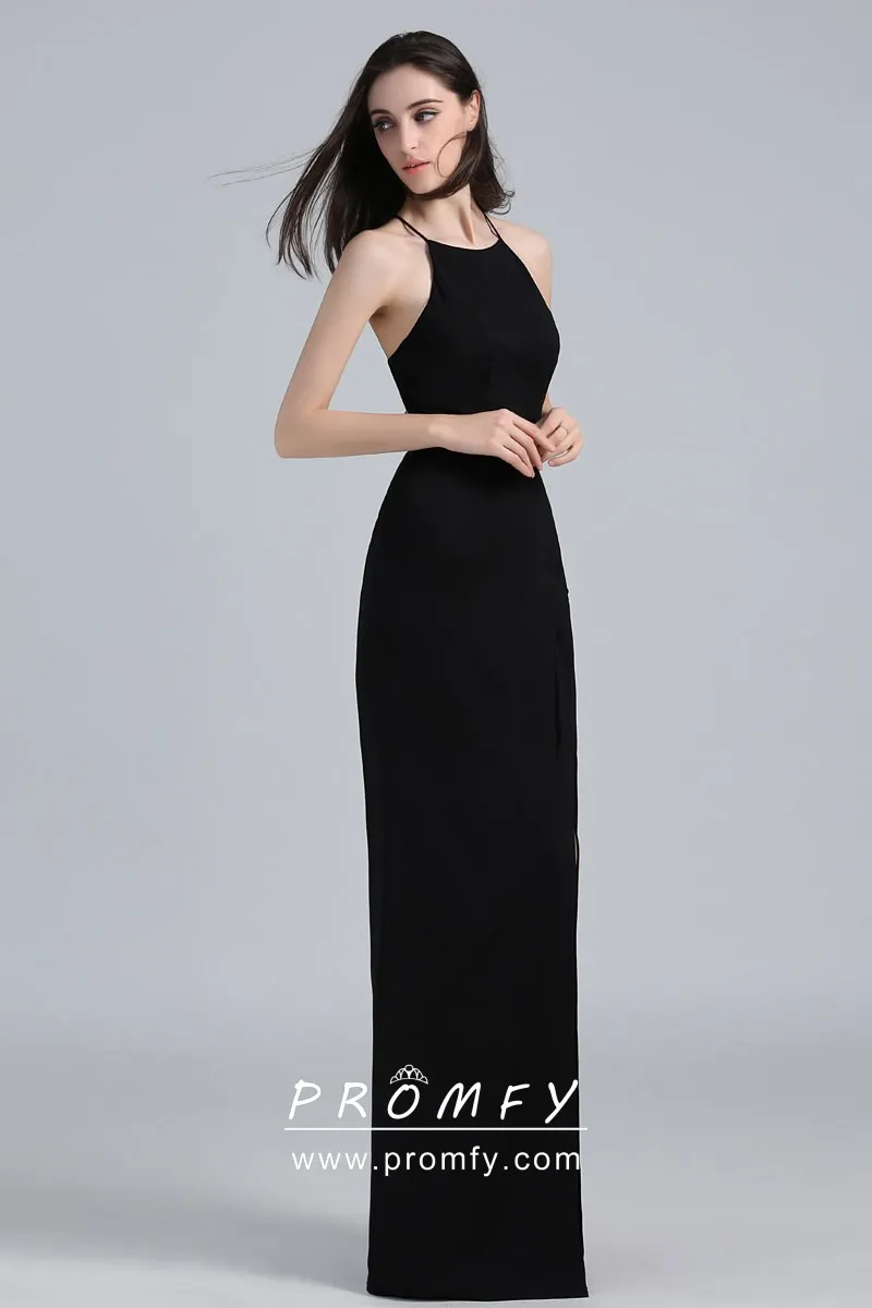 Simply Black Halter Strap Sheath Long Formal Dress - Promfy