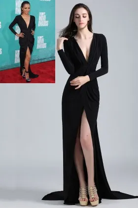 Kat Graham elegant sexy black jersey long sleeve thigh high slit celebrity prom gown