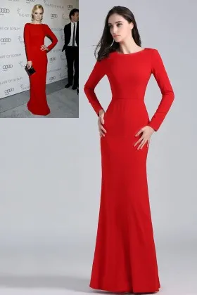Jaime King elegant red spandex long sleeve fit and flare celebrity inspired formal gown