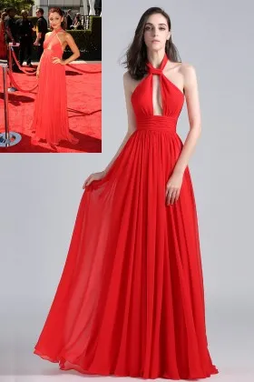 Ariana Grande halter neckline plunging bodice red chiffon celebrity long prom dress