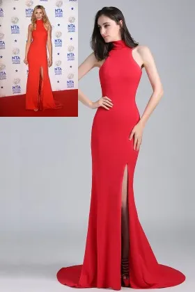 Abbey Clancy sleeveless high neckline red spandex mermaid floor length celebrity formal dress