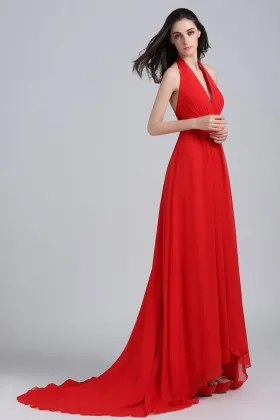 red chiffon halter neckline open back A line long formal dress