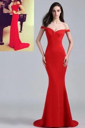 Elegant red off the shoulder floor length mermaid formal gown