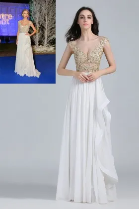 Taylor Swift illusion nude lace top with white chiffon A line long celebrity formal dress