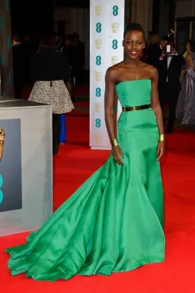 Lupita Nyongo green satin strapless chapel train celebrity long prom dress