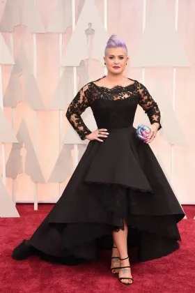 black lace and satin long sleeve high low celebrity mother of the bride dress