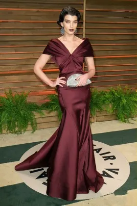Crystal Renn burgundy satin mermaid off the shoulder celebrity formal prom dress