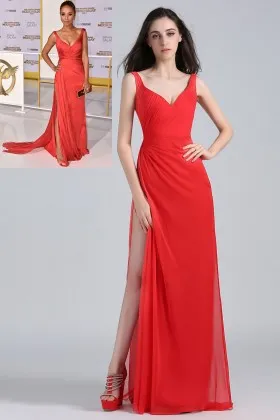 Meta Golding A line long red chiffon celebrity formal dress with curved V neckline wide straps