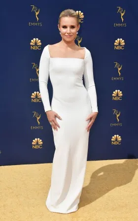 Kristen Bell white sleeved sheath long celebrity prom dress Emmys 2018