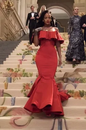 Rihanna scarlet off the shoulder ruffled trumpet celebrity evening dress