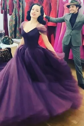Violet Purple Tulle Cap Sleeve Long 