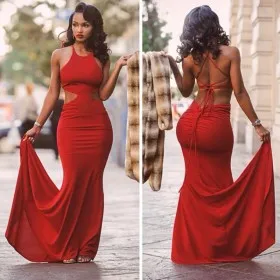 Lola Monroe sexy cut out brick red long prom dress