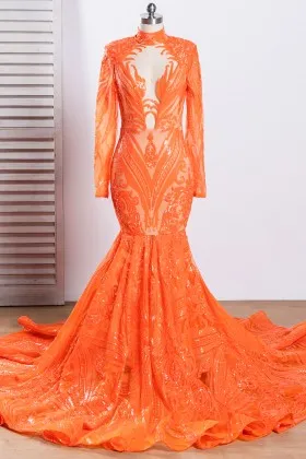african american sequin long train orange turtle neck prom dress