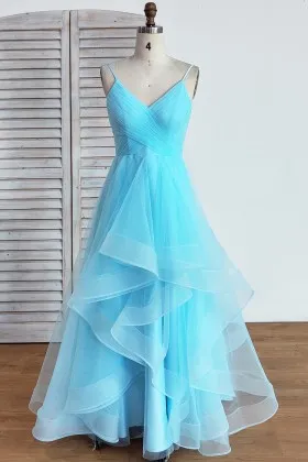 blue spaghetti strap v neck tulle quinceanera dress