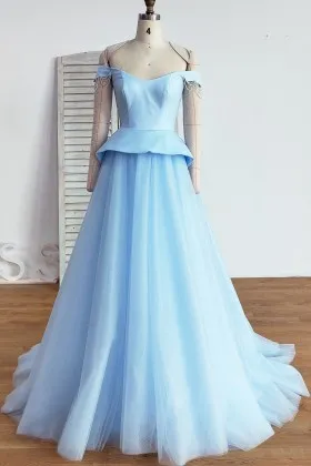 beaded tassel off shoulder blue tulle satin peplum formal dress