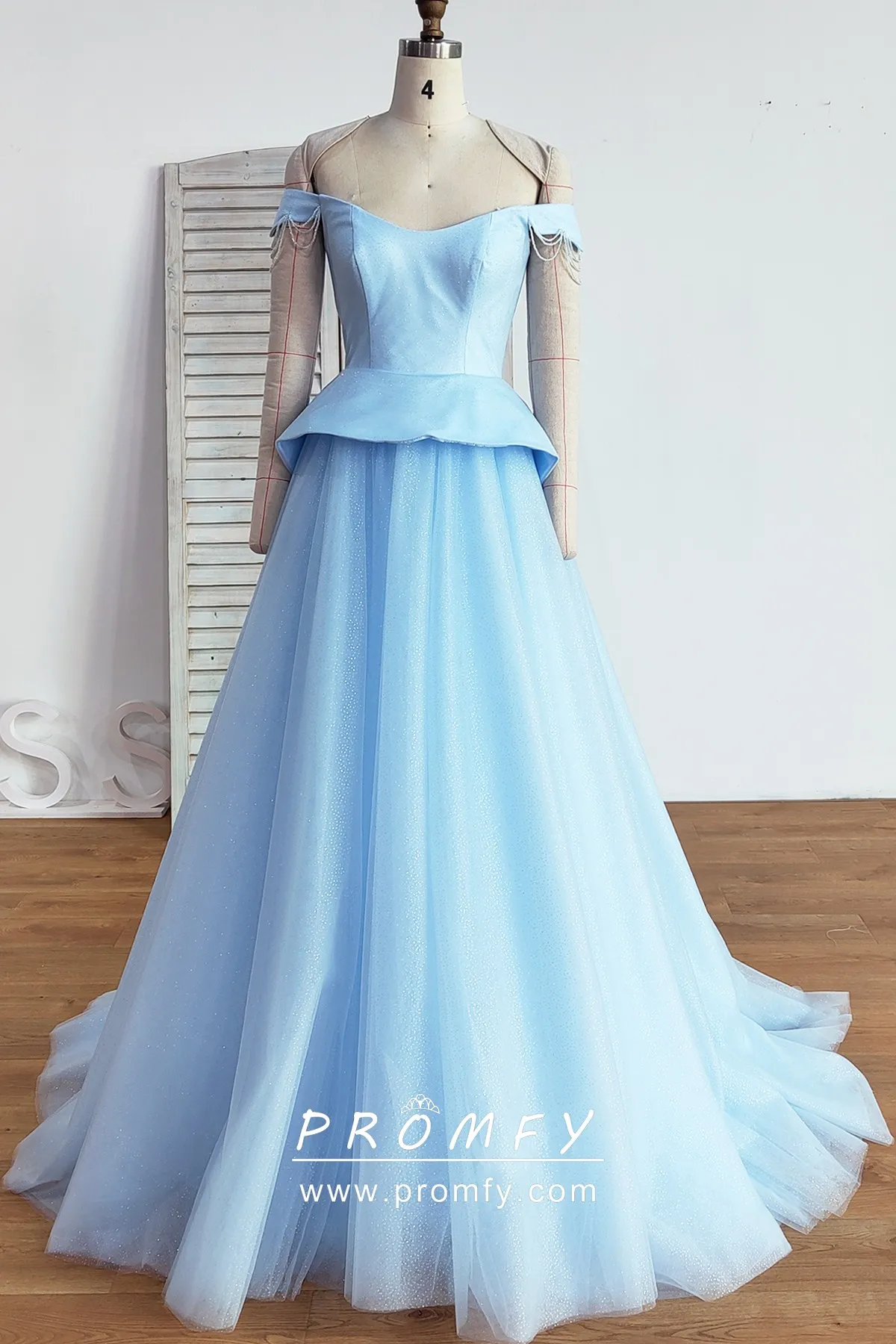Beaded Tassel Off Shoulder Blue Tulle Satin Formal Dress Promfy